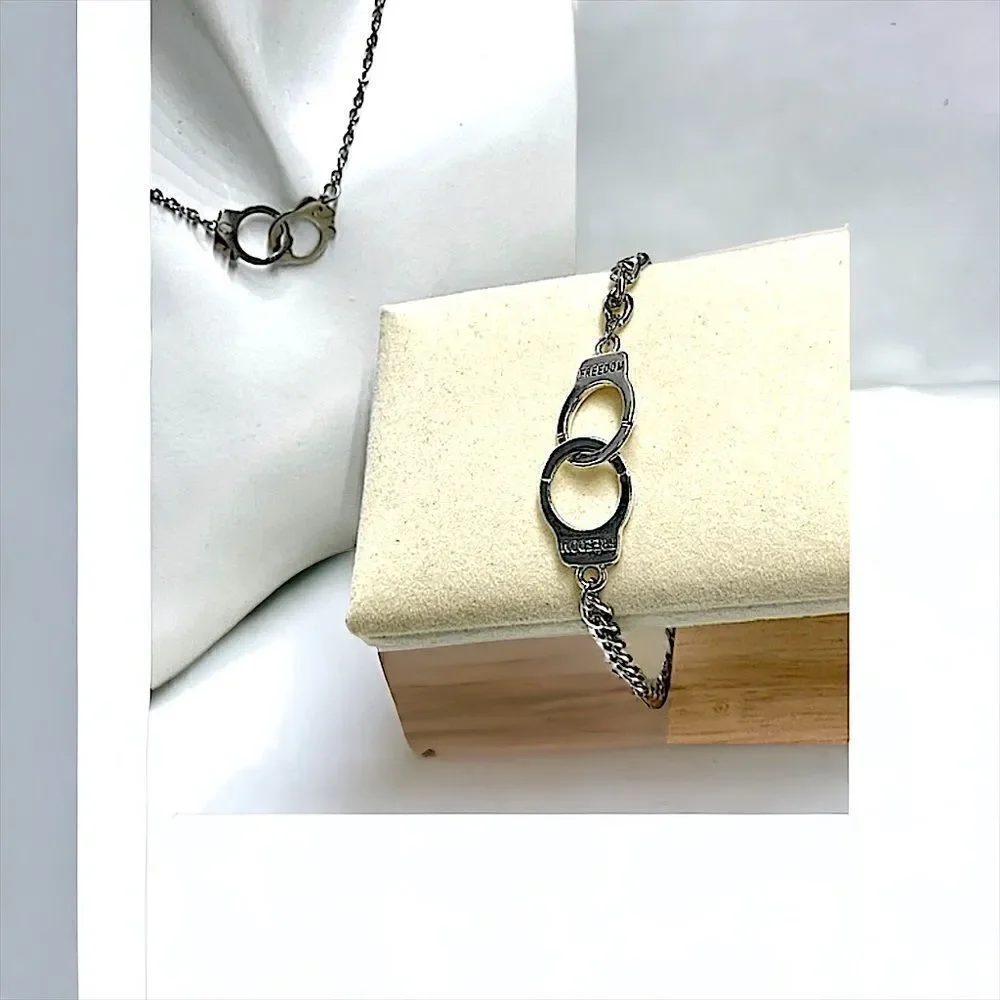 “Freedom” Handcuffs Necklace & Bracelet Custom Set l Stainless Steel l Inscribed